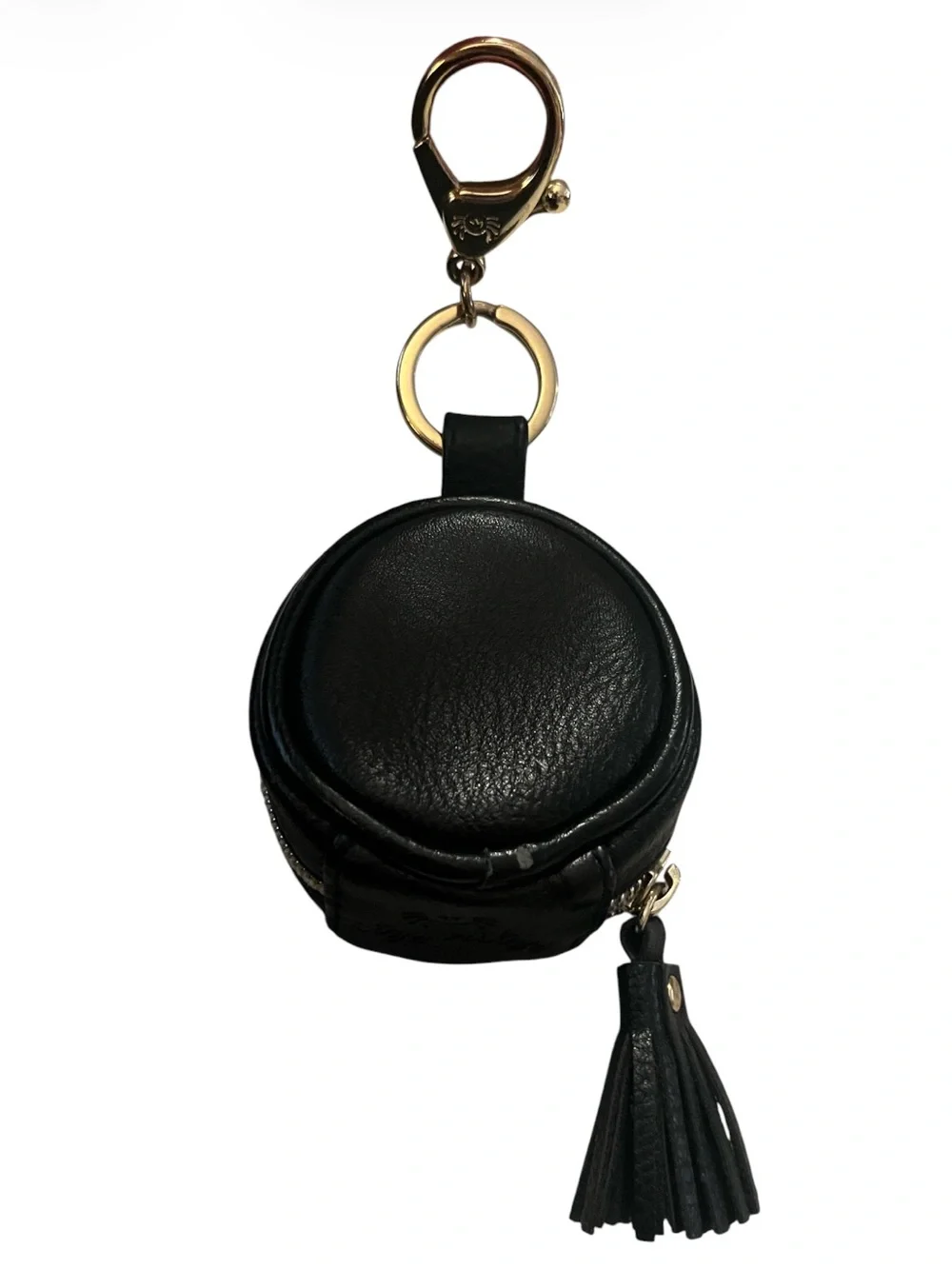 Black Faux Leather Tassel Keychain Earbud Pouch Bag Charm Gold tone Hardware